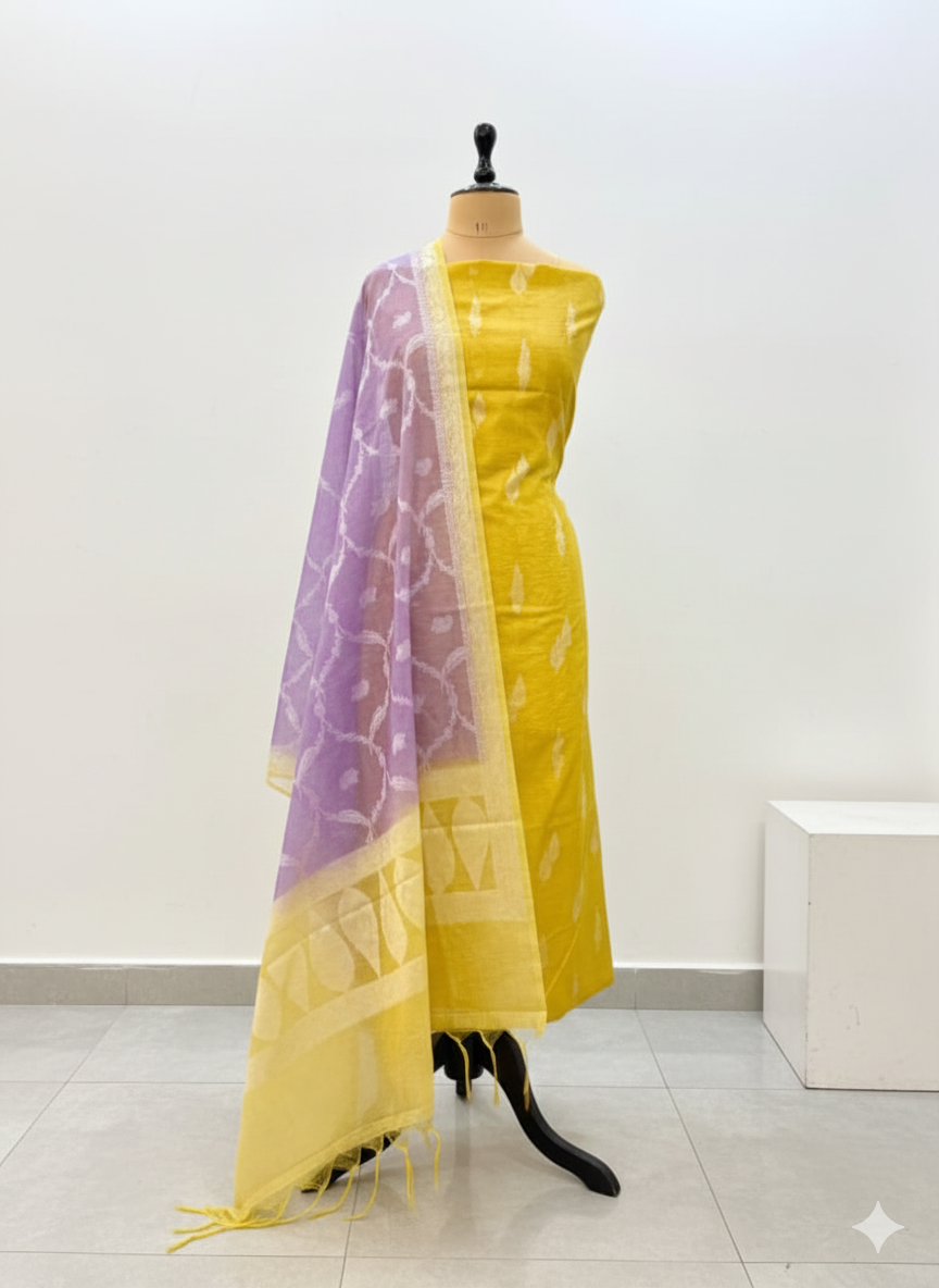 Yellow saree with purple border on a mannequin against a white background