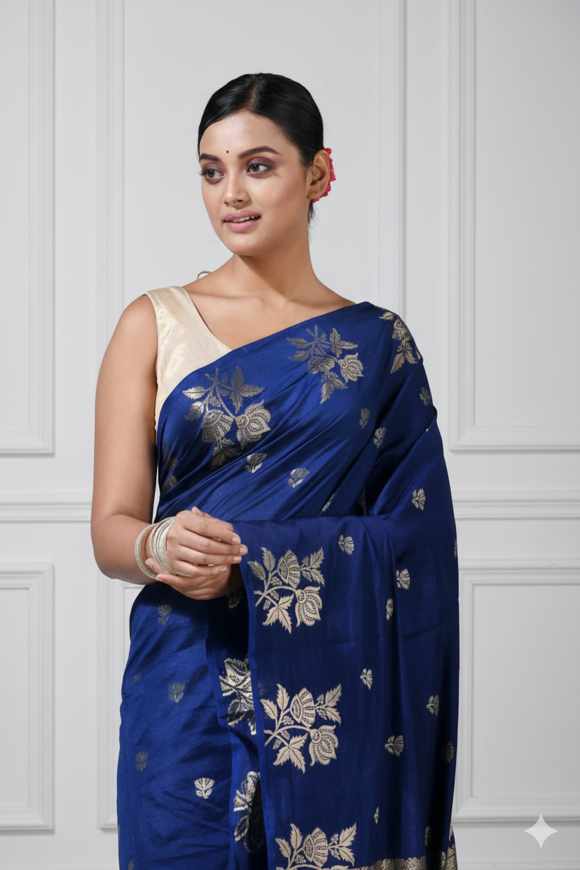 Woman wearing a blue saree with floral patterns against a white background