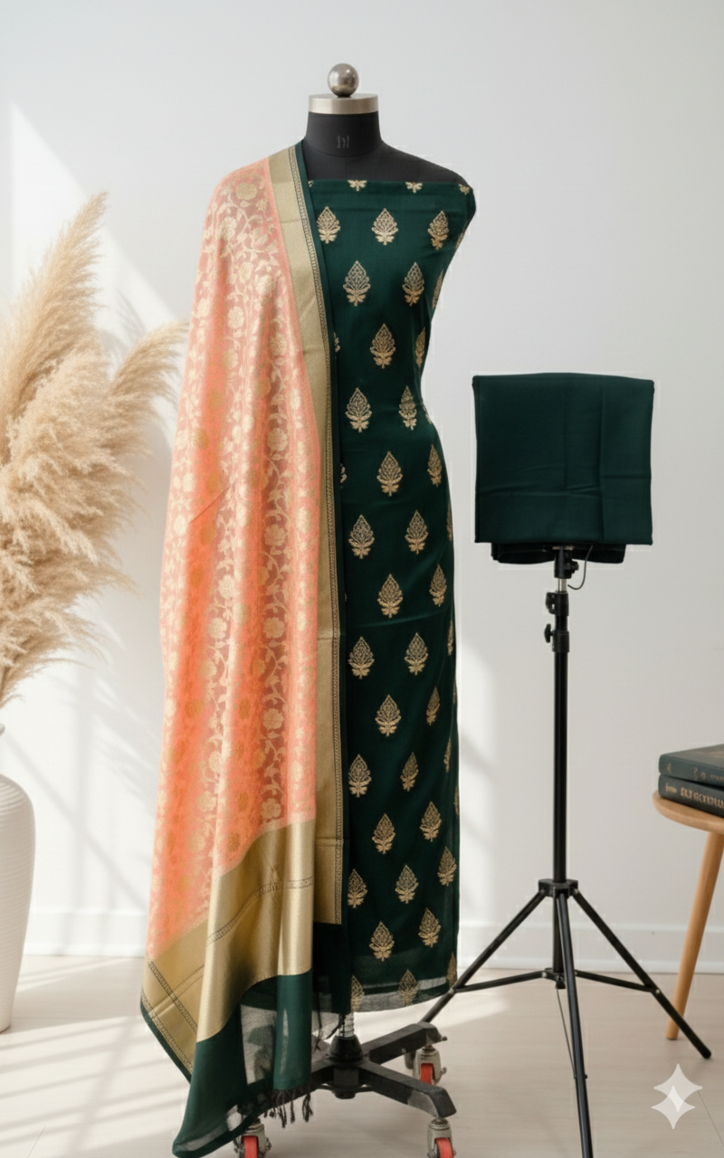 Green traditional outfit with a pink dupatta on a mannequin, with a camera on a tripod in the background.