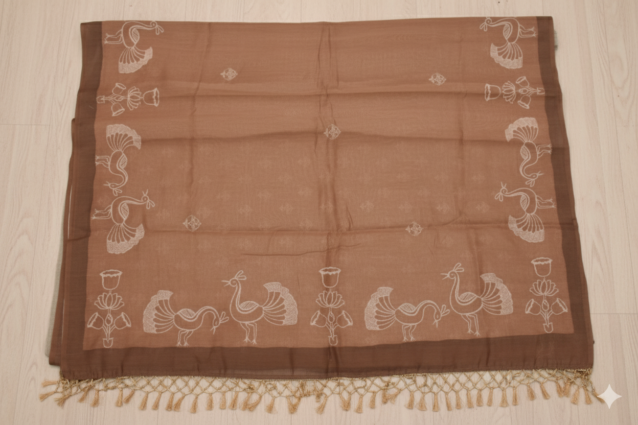 Brown saree with white patterns on a light wooden surface