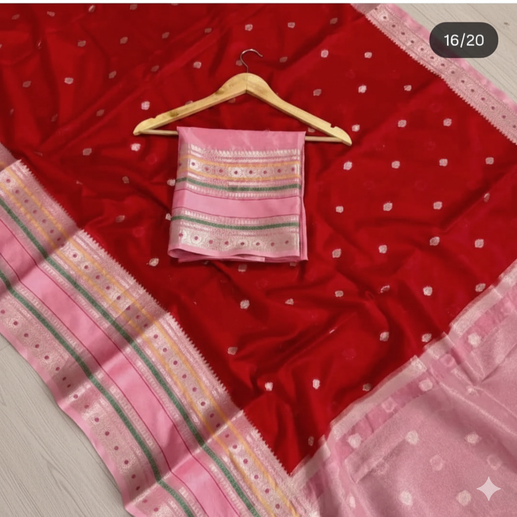 Red saree with white polka dots and a pink blouse on a wooden hanger.