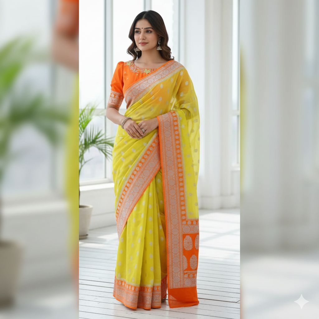 Woman wearing a yellow and orange saree in a bright room with white curtains.