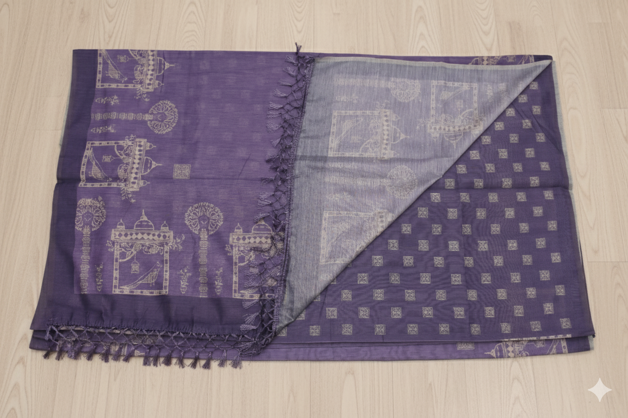 Purple fabric with intricate patterns on a wooden surface