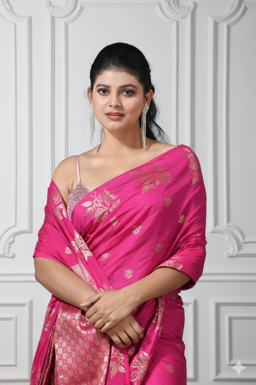 Woman wearing a pink saree with a white background