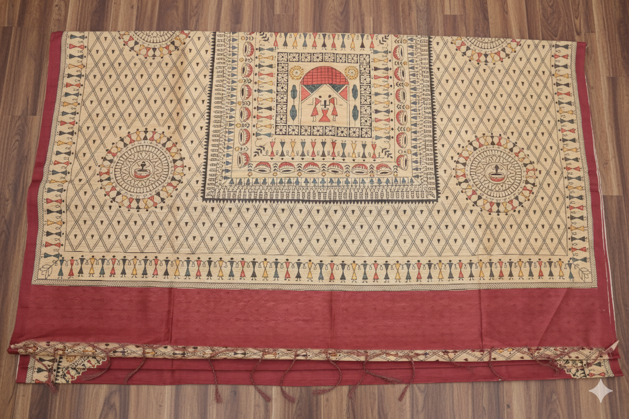 Decorative fabric with intricate patterns on a wooden floor