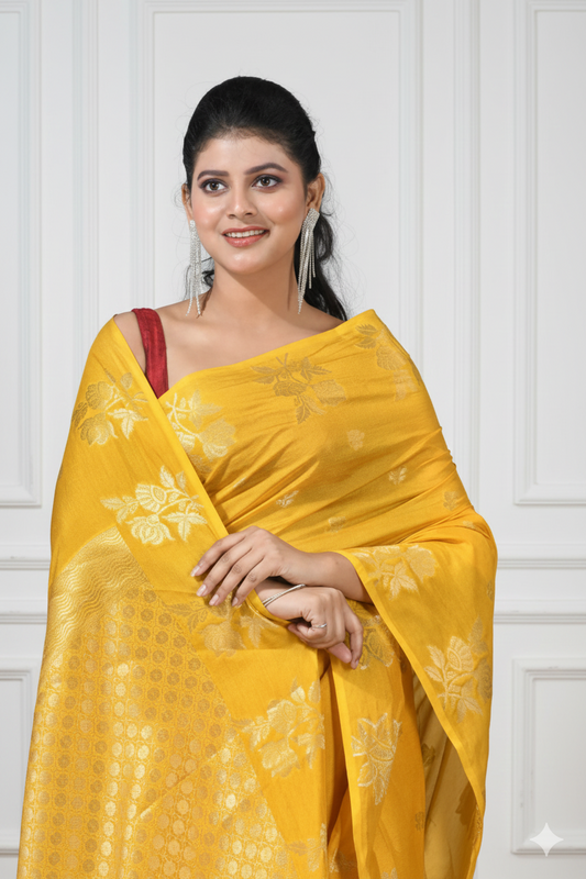 Premium Banarasi Raw Mango Silk Saree | Border Jaal Design