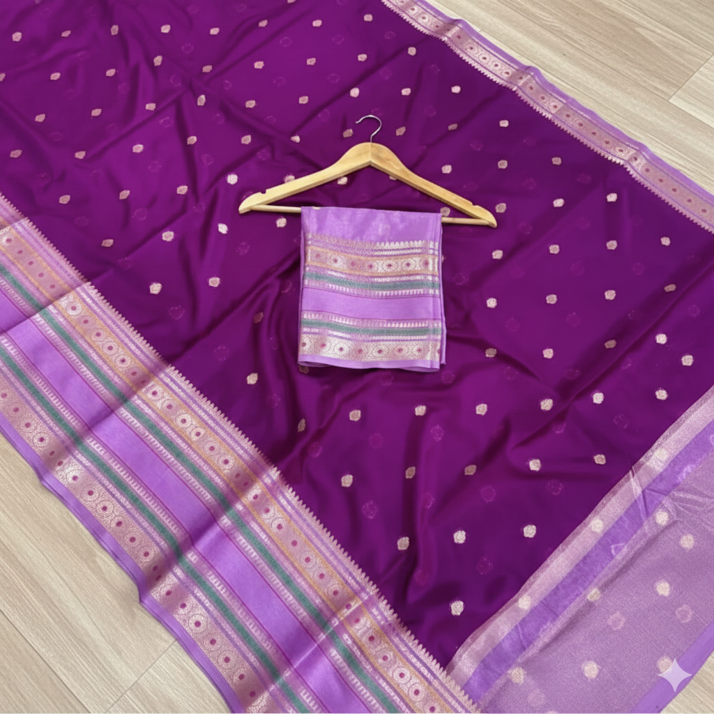 Purple saree with white polka dots and a matching blouse on a wooden hanger.