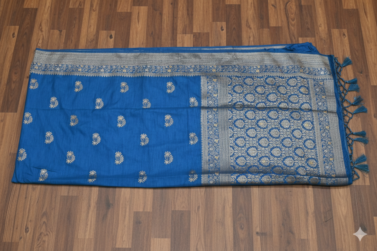 Blue saree with white patterns on a wooden floor