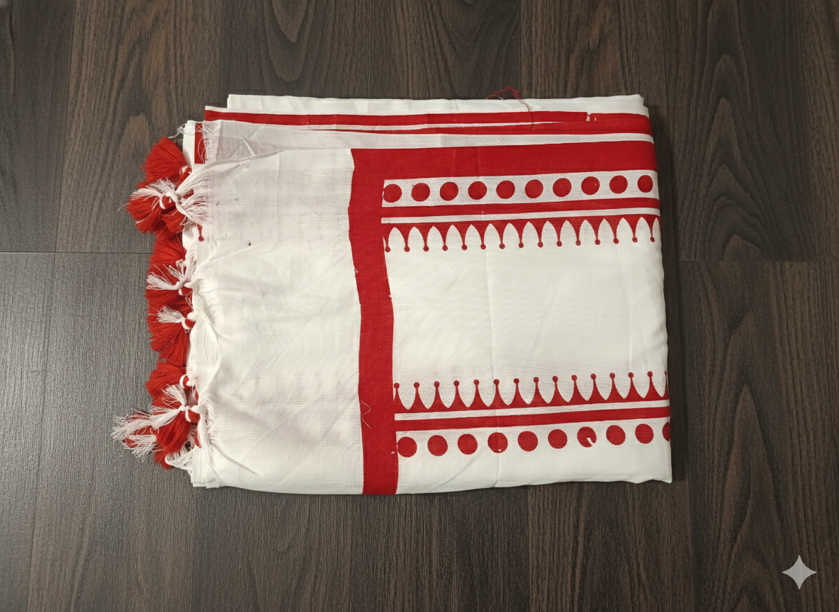 Folded red and white patterned fabric on a wooden surface