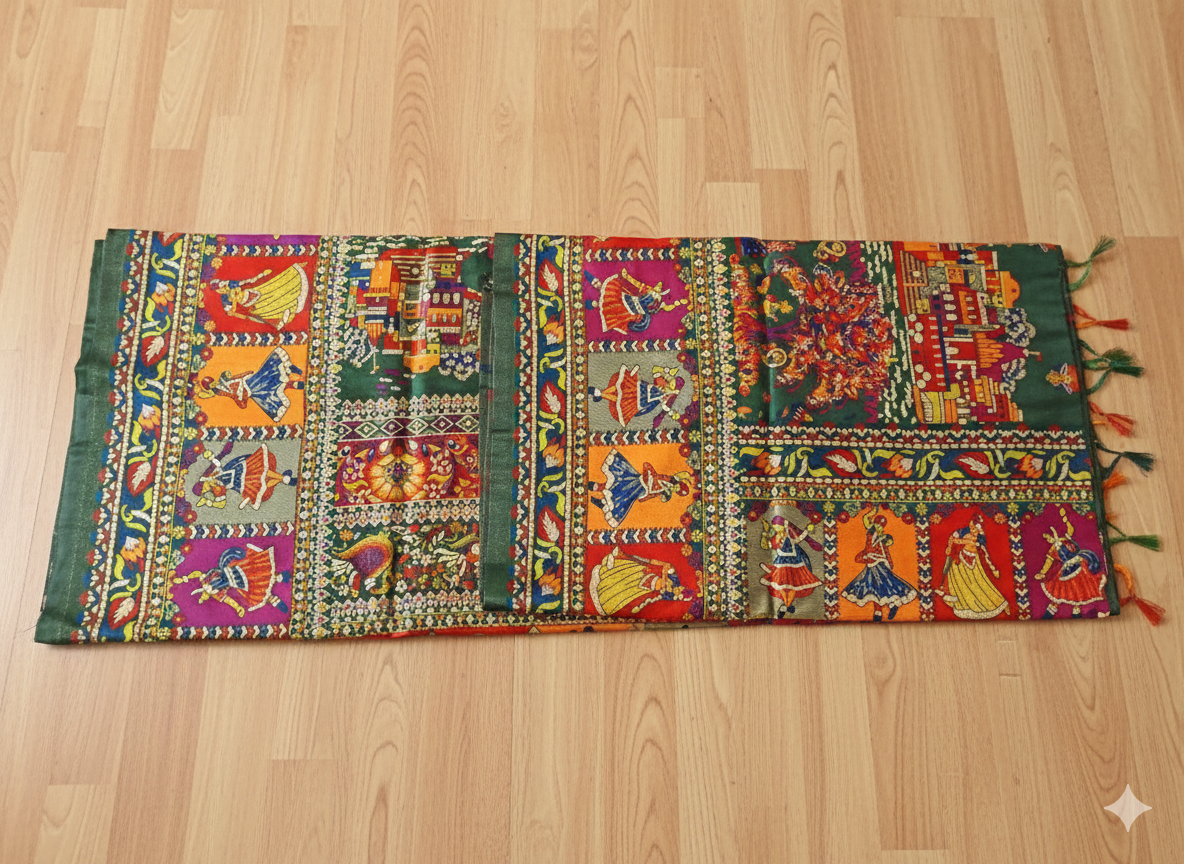 Colorful embroidered textile on a wooden floor