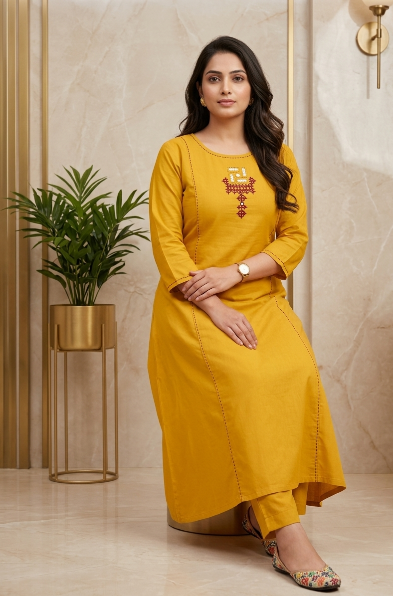 A-Line Cotton Kurti Palazzo Set with Embroidery & Mirror Work | Designer Ethnic Wear | Samkri House