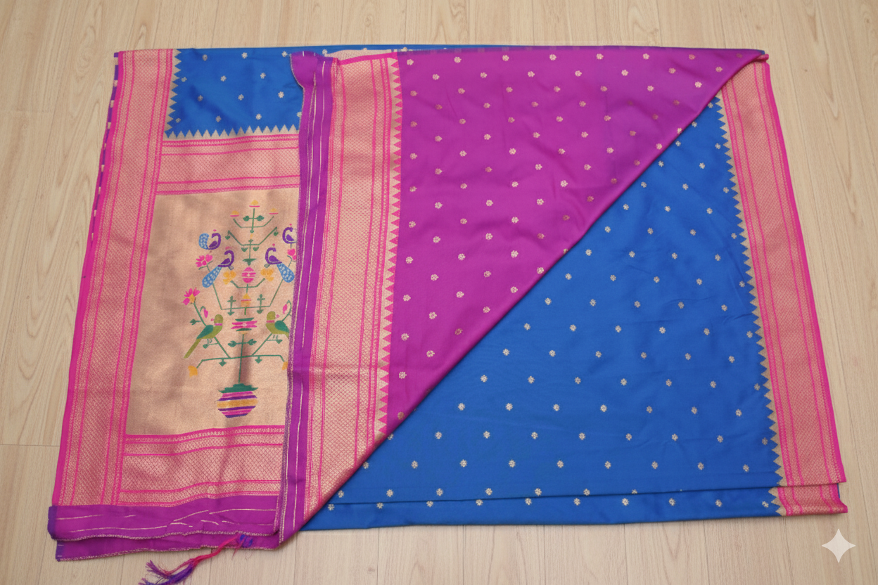 Saree with purple and blue patterns on a wooden surface