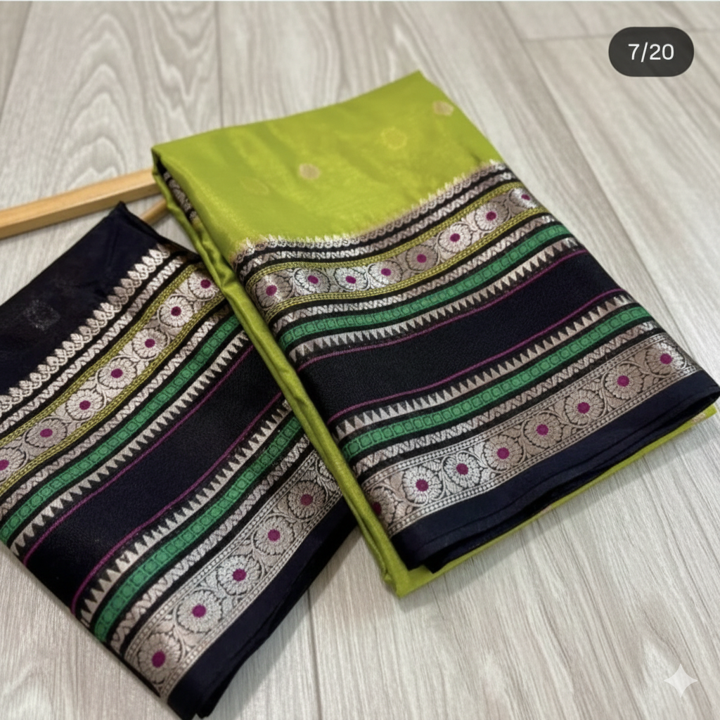 Two sarees with intricate patterns on a light wooden surface