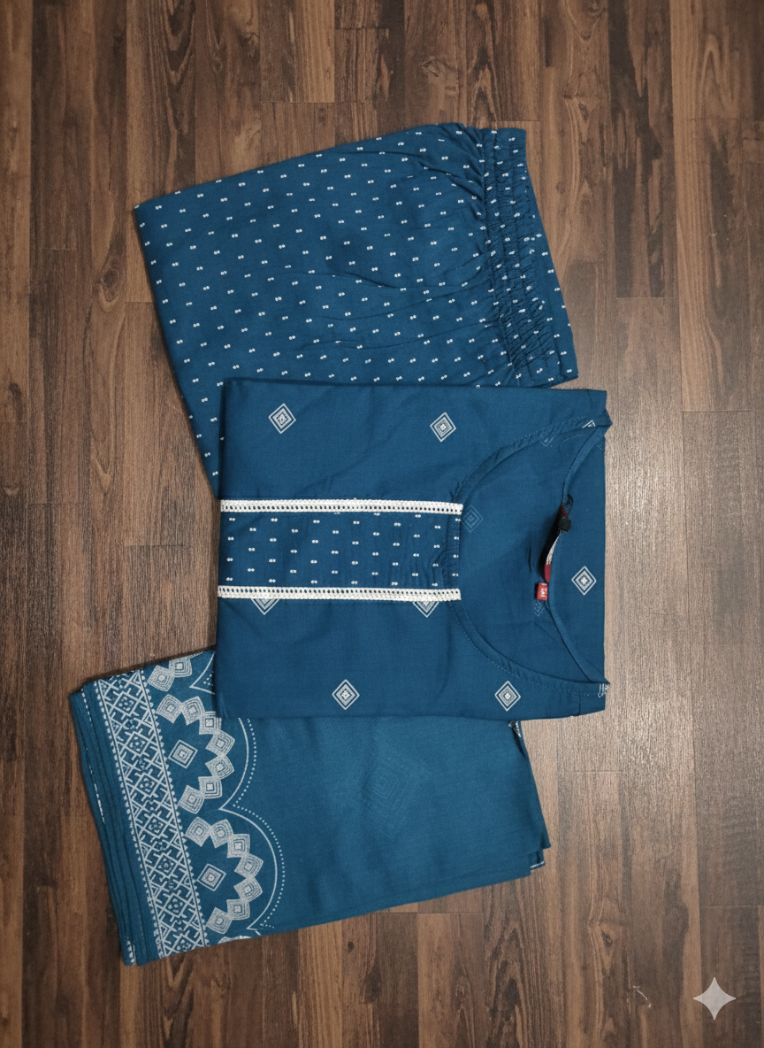Women’s Pure Cotton Printed Kurta Pant Dupatta Set | Comfortable Daily Ethnic Wear