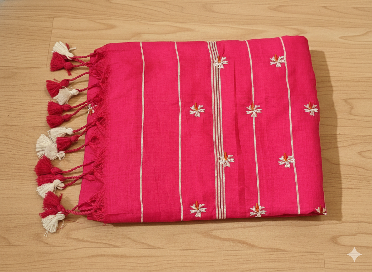 Pink fabric with white patterns and tassels on a wooden surface