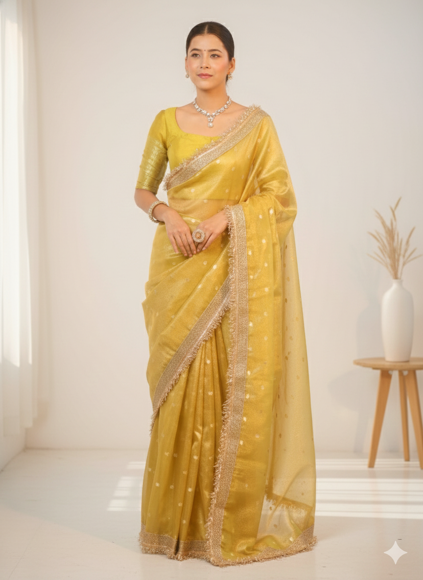 Woman wearing a yellow saree with a white background