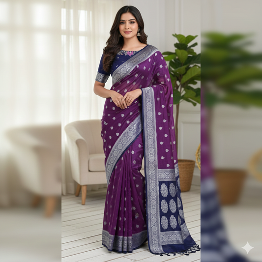 Woman wearing a purple saree with white patterns in a room setting.