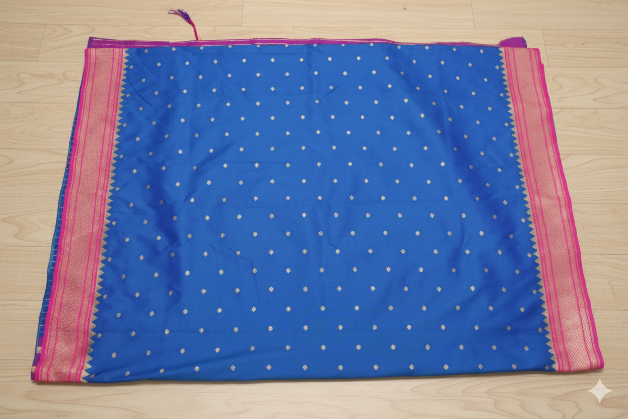 Blue fabric with white polka dots and pink border on a wooden surface