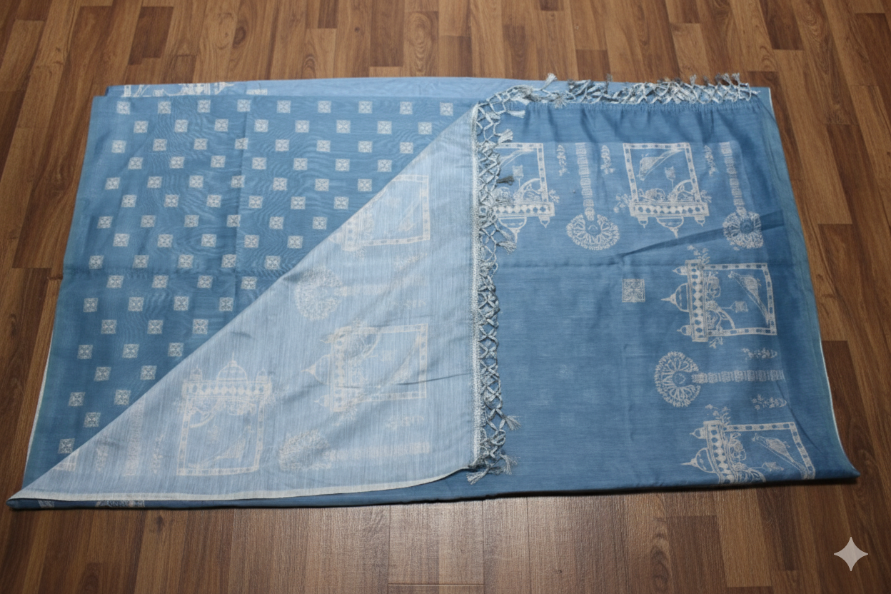 Blue saree with white patterns on a wooden floor
