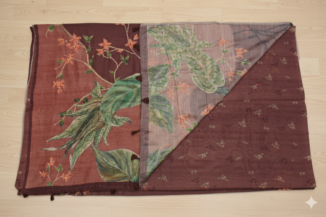 Folded fabric with floral and leaf patterns on a wooden surface