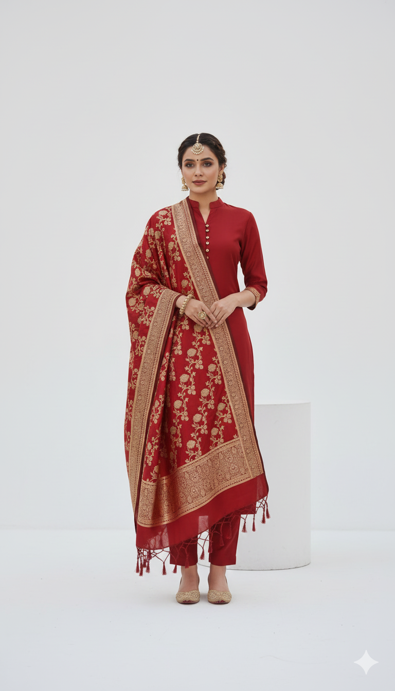 Woman wearing a red traditional outfit with a matching dupatta on a white background