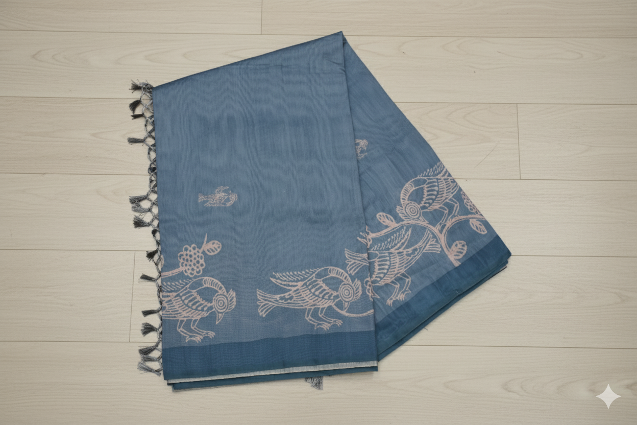 Blue scarf with white patterns on a wooden floor