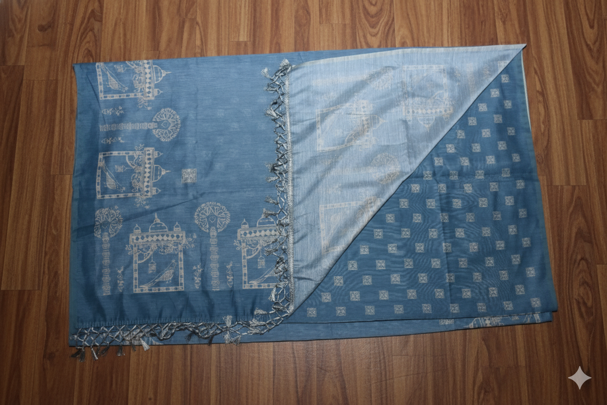 Blue patterned fabric on a wooden surface