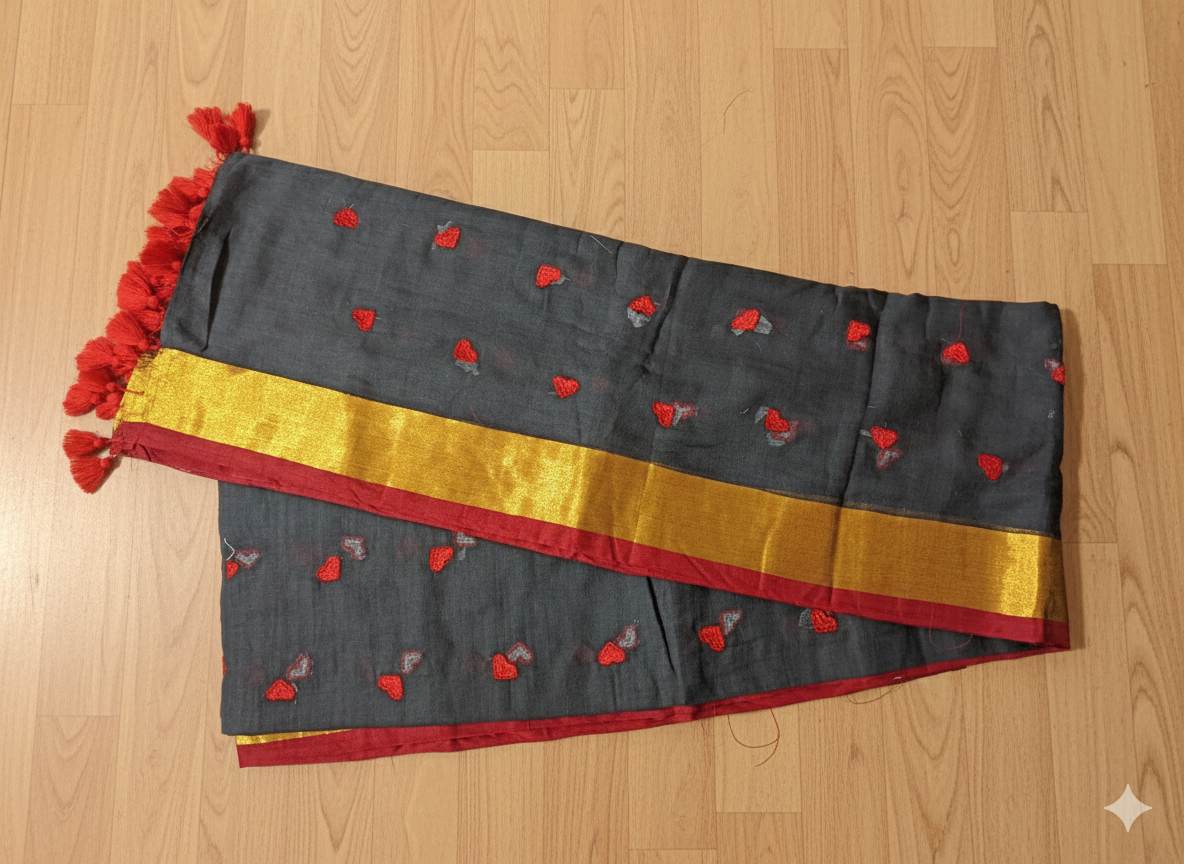 Sari with red and gold details on a wooden floor