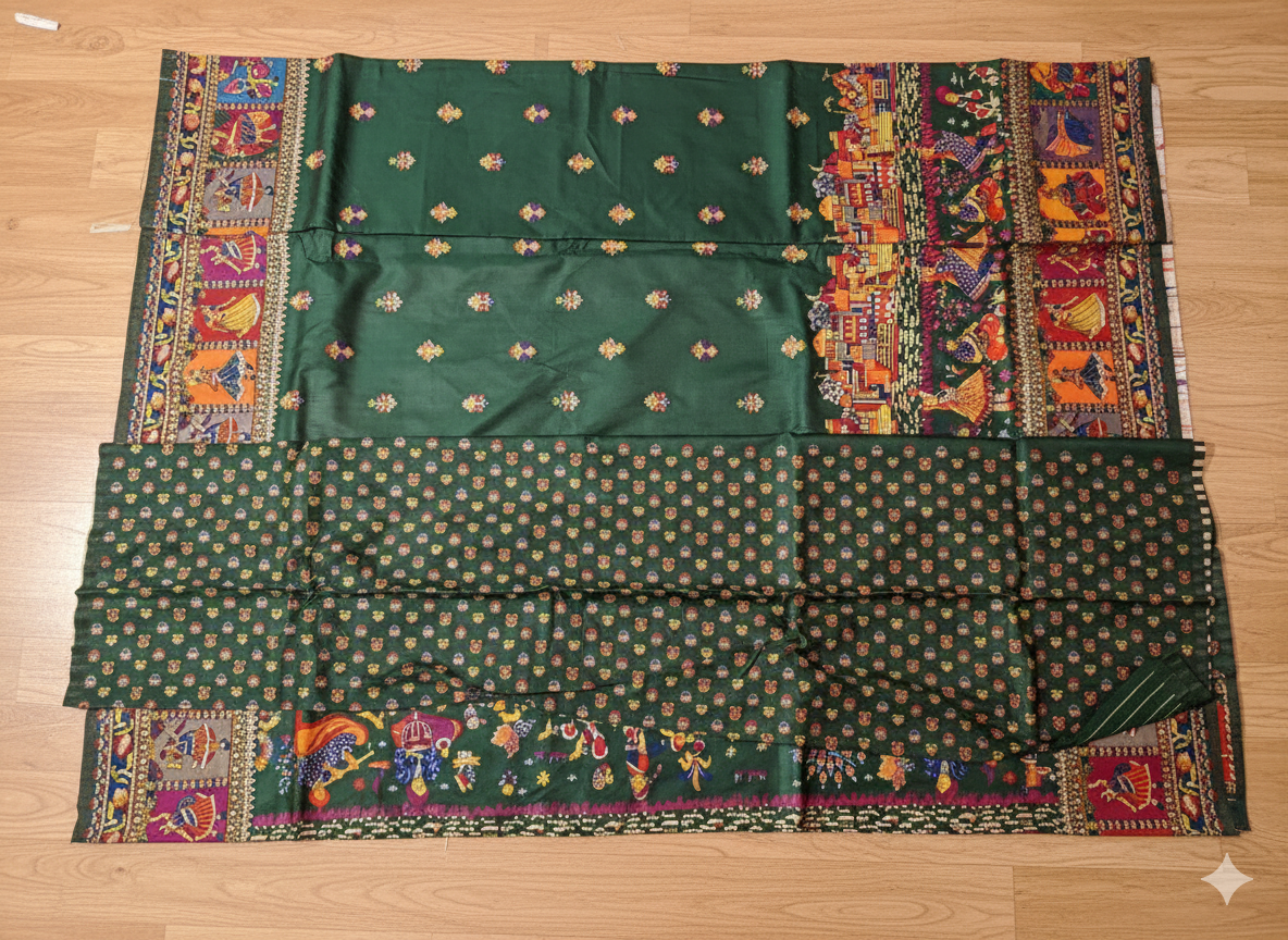 Green fabric with colorful patterns on a wooden surface