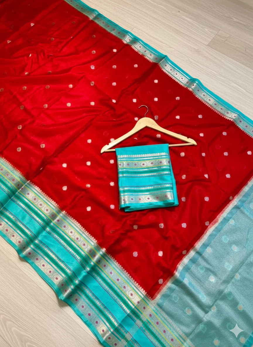 Red saree with white polka dots and turquoise border on a wooden floor.