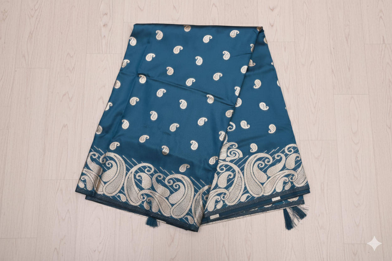 Blue saree with white gold  patterns on a light wooden surface