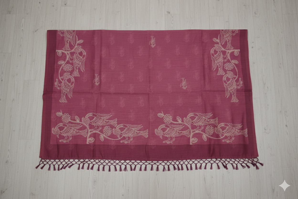 Red fabric with white floral patterns on a light gray background