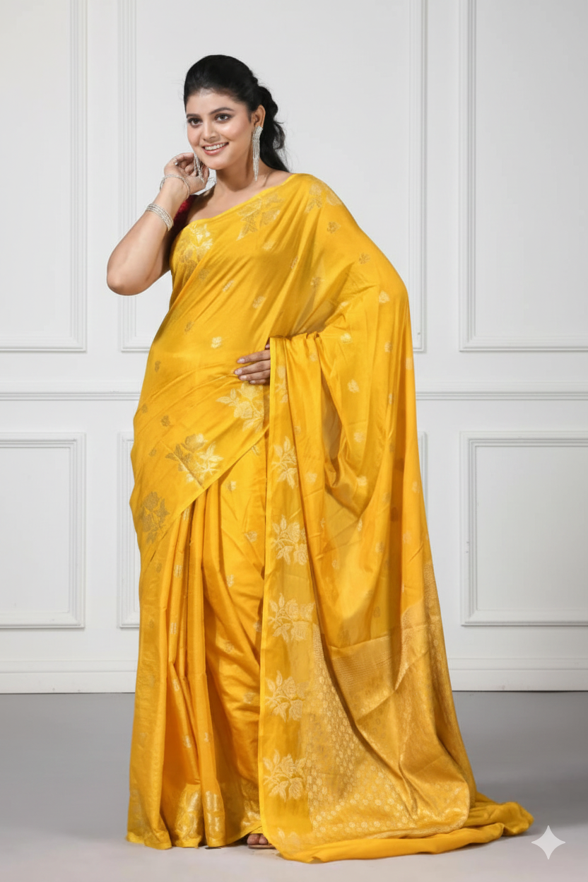 Premium Banarasi Raw Mango Silk Saree | Border Jaal Design