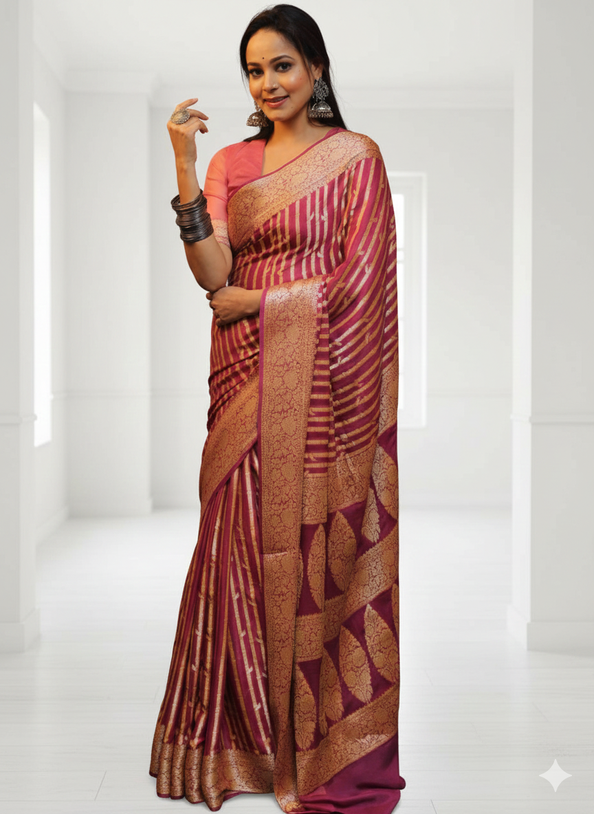 Woman wearing a patterned saree in a white room