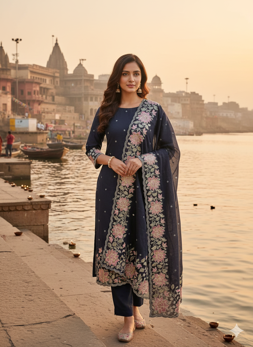 Woman in a traditional outfit standing by a river with historical buildings in the background