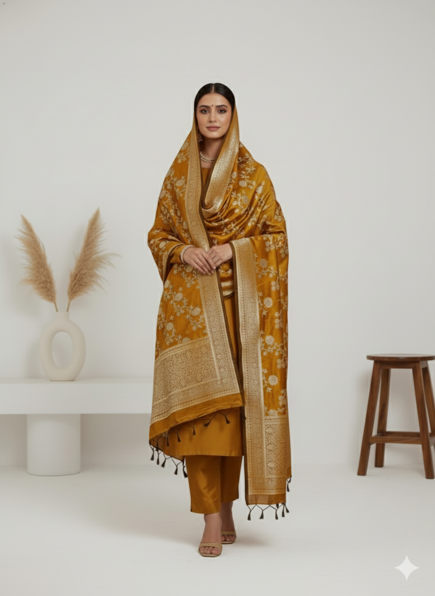 Woman wearing a mustard yellow traditional outfit with a matching dupatta in a minimalistic setting.