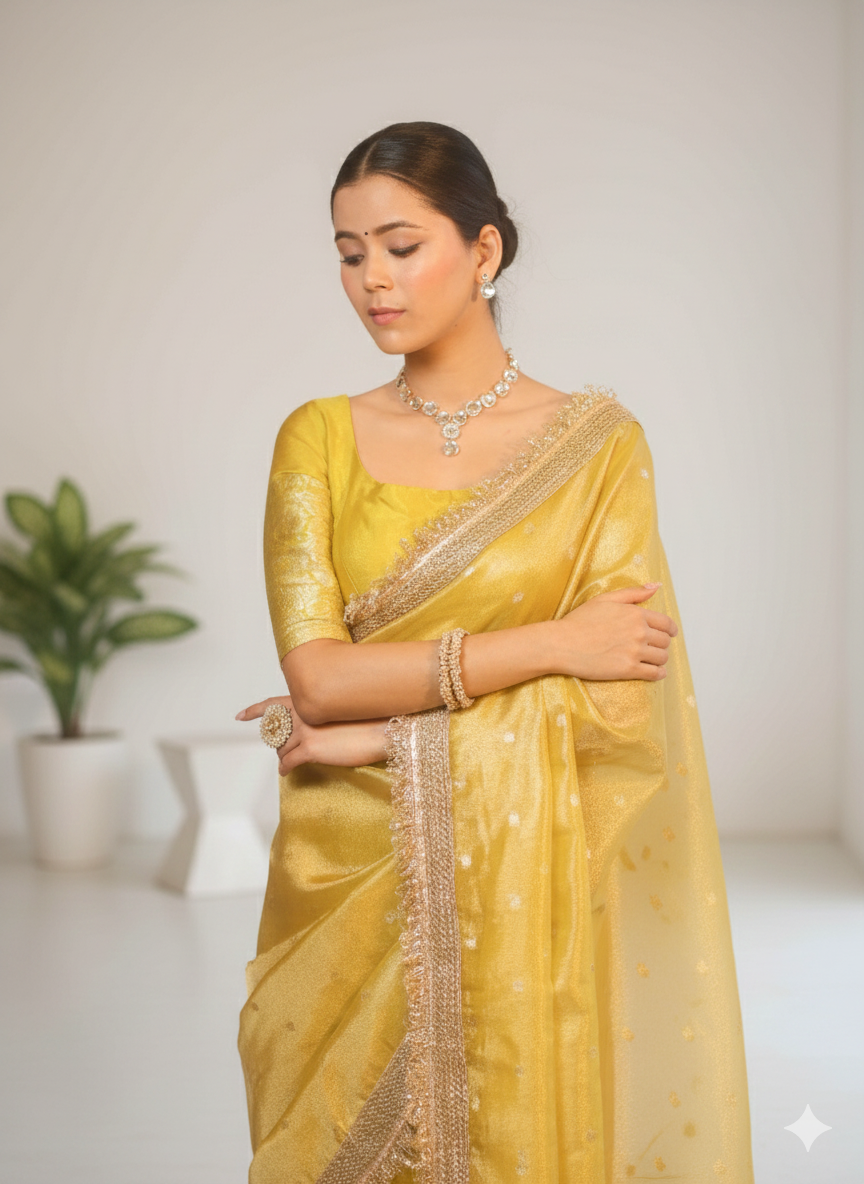 Woman wearing a yellow saree with gold border in a minimal indoor setting