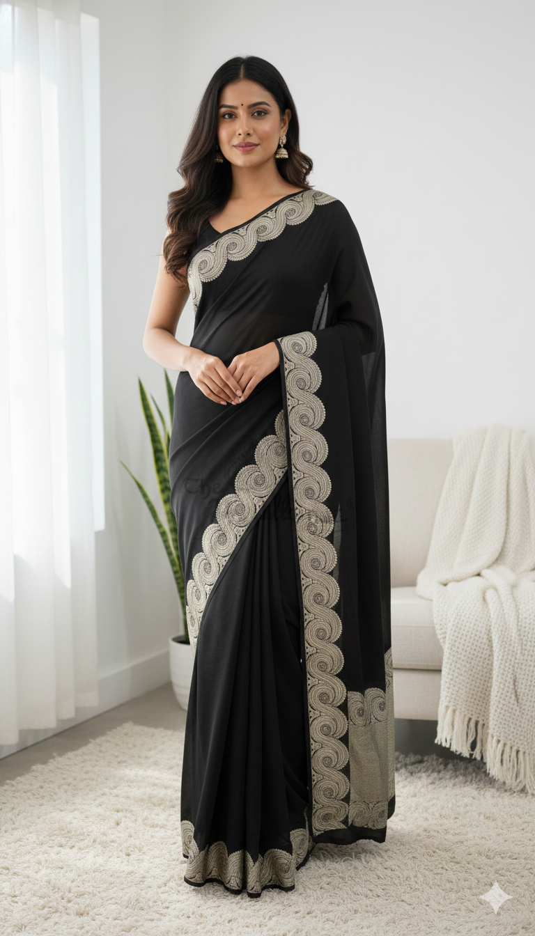 Woman wearing a black saree with white embroidery in a room.
