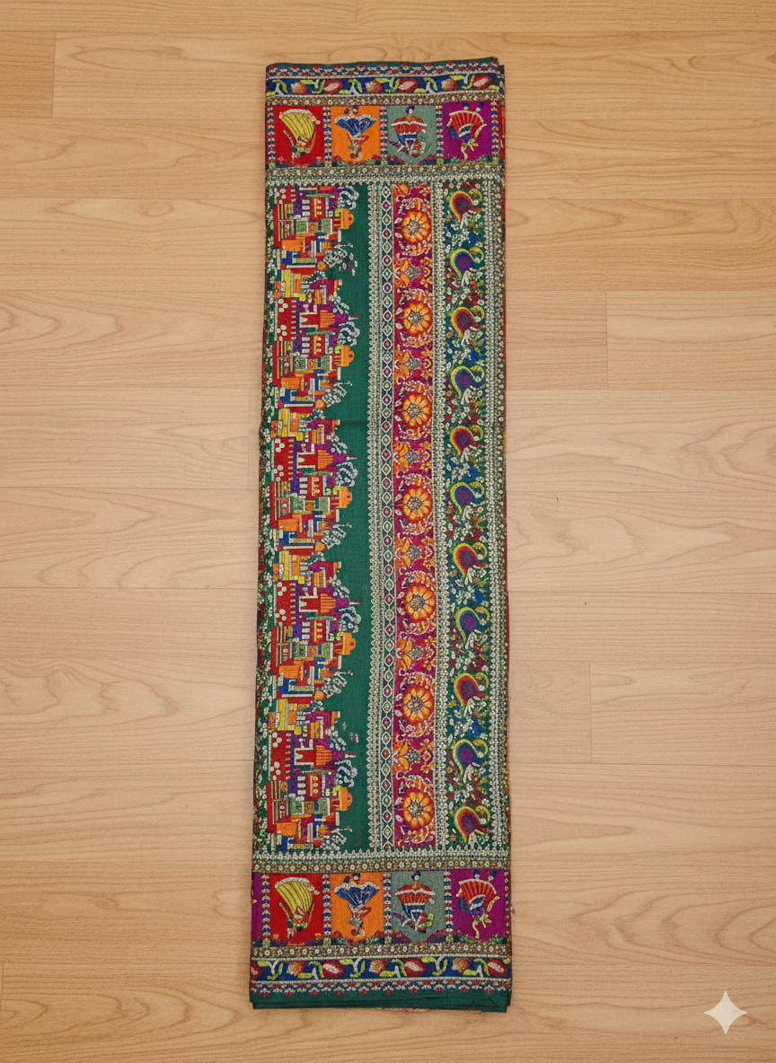 Colorful embroidered fabric on a wooden surface