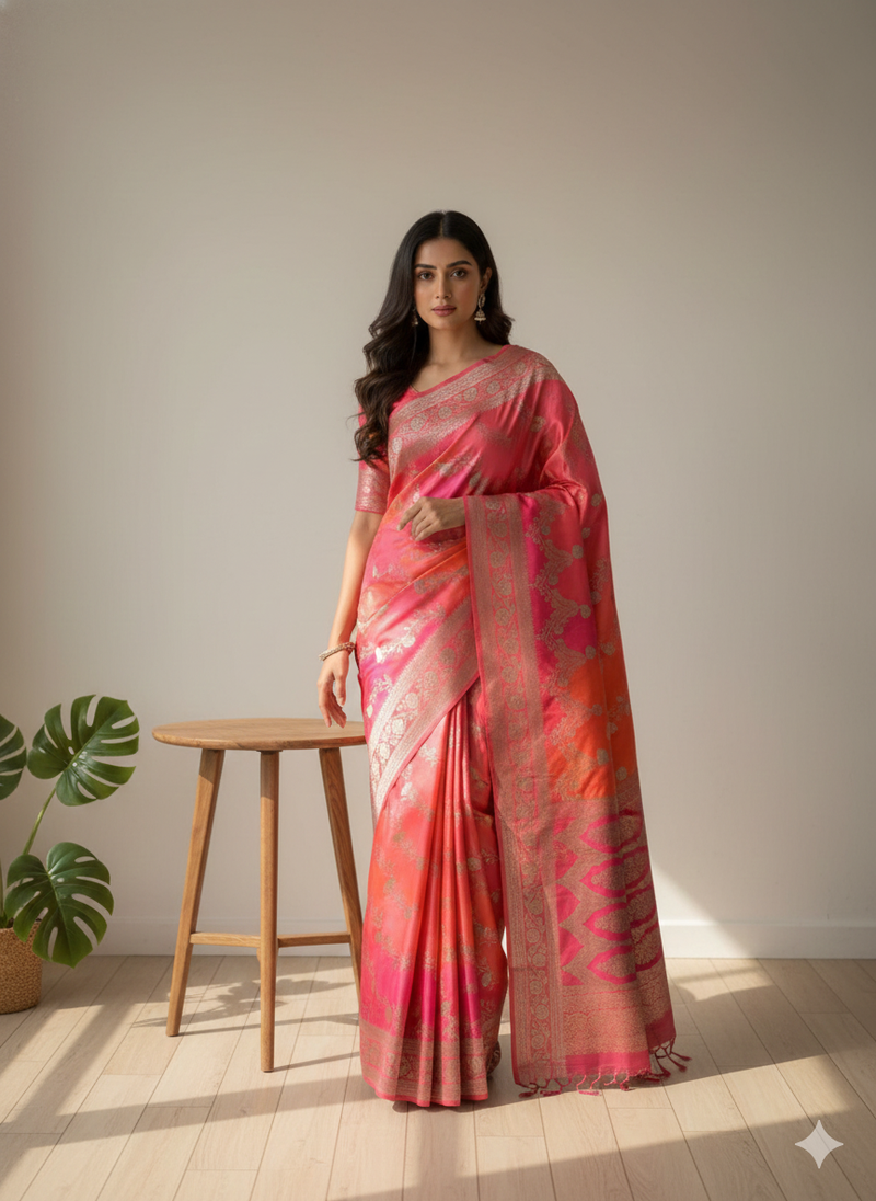 Woman wearing a pink saree with a subtle pattern in a minimalistic setting.