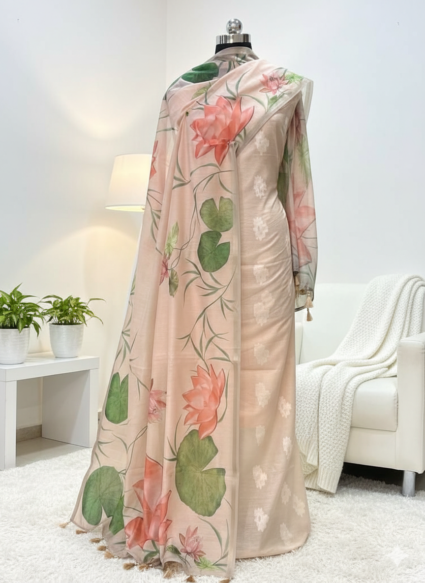 Floral-patterned dress on a mannequin against a white background