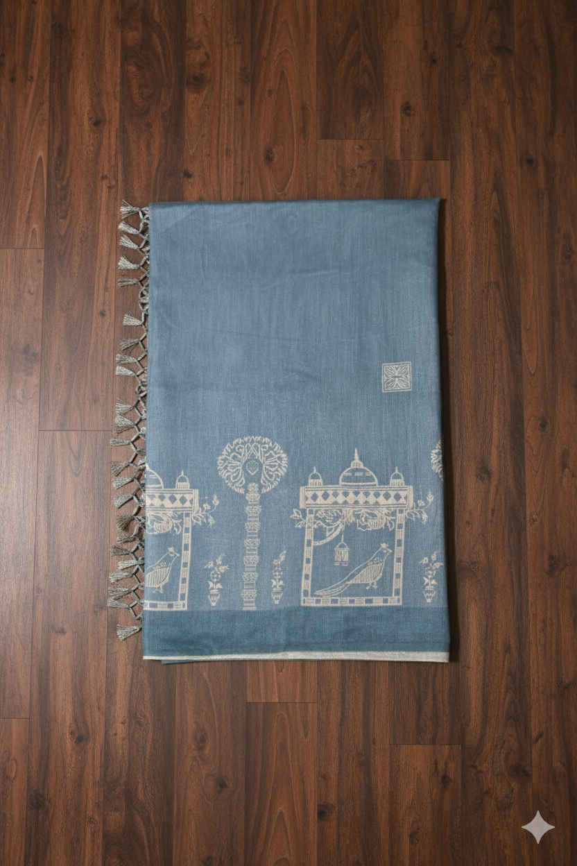 Blue saree with white patterns on a wooden floor