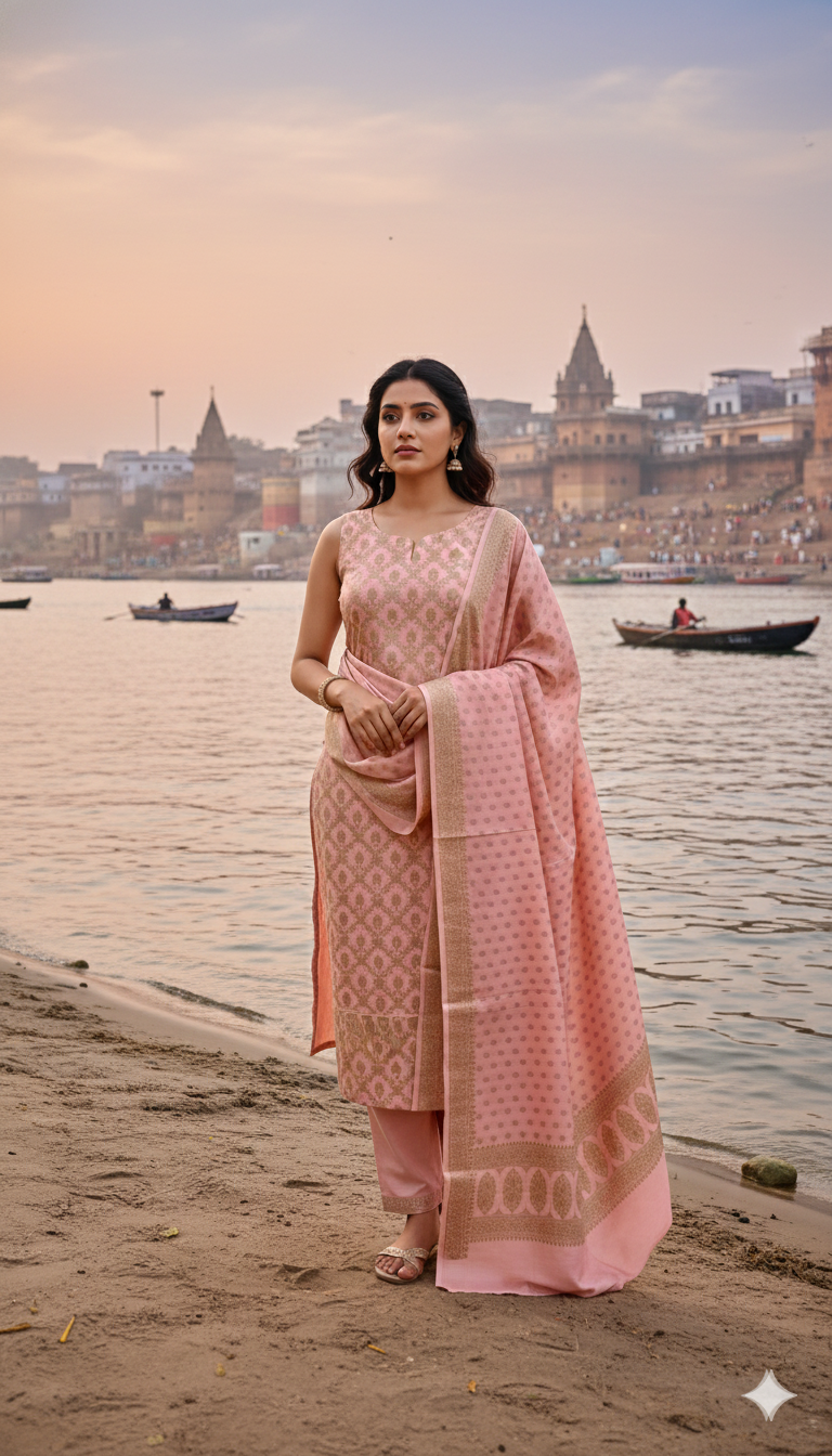 Woman in a pink traditional outfit standing by a river with a cityscape in the background