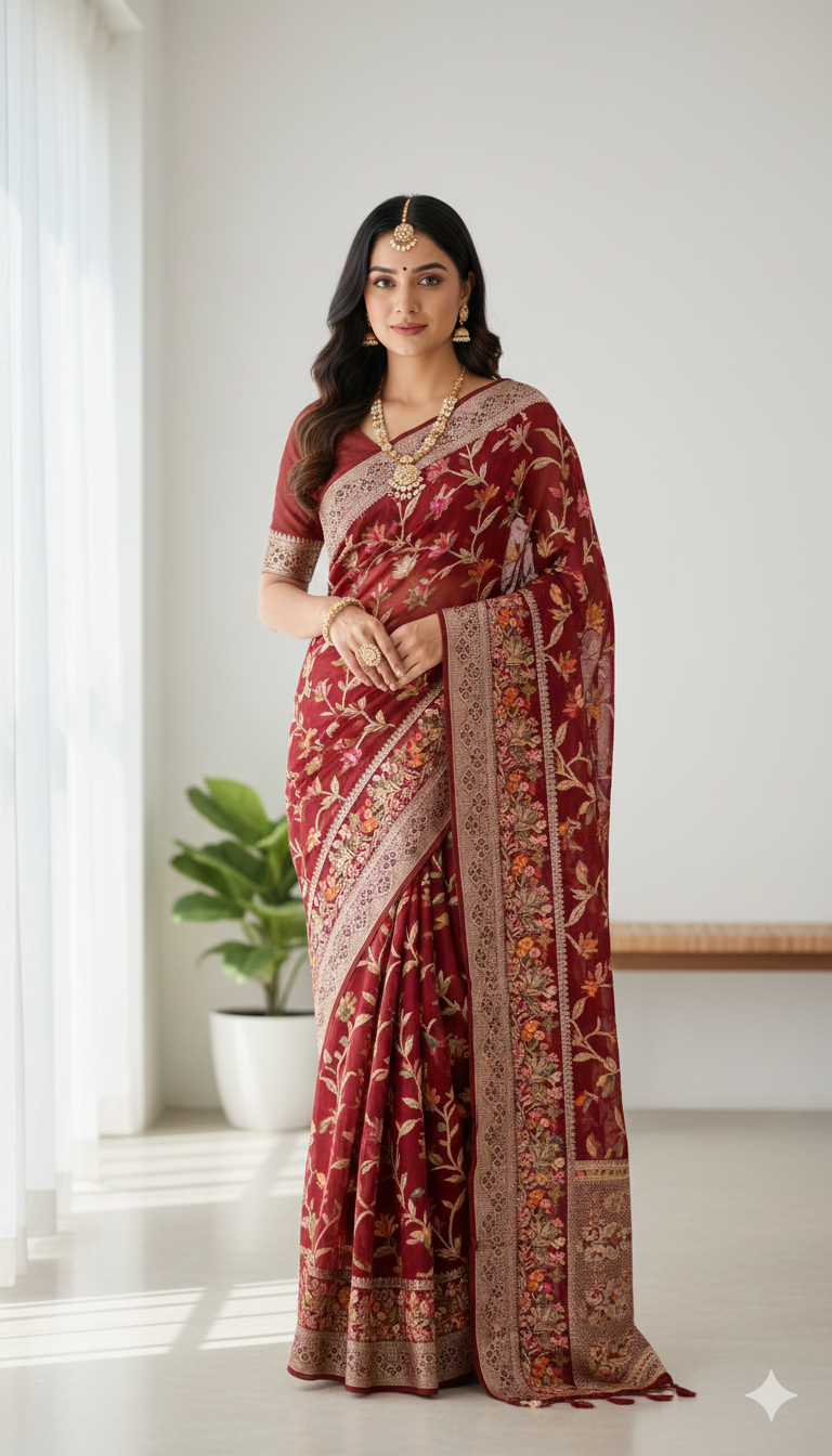 Woman wearing a red saree with intricate patterns in a bright room.
