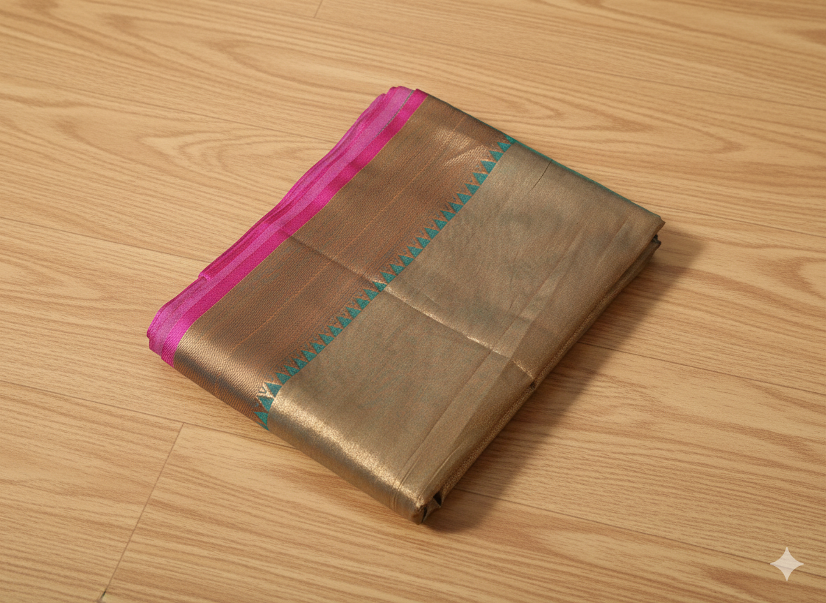 Folded fabric with pink and green border on a wooden surface