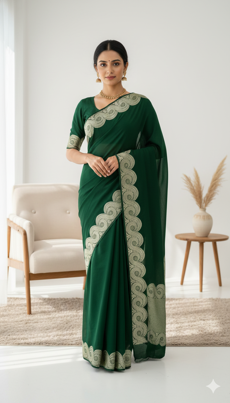 Woman wearing a green saree with white border in a minimalistic room.