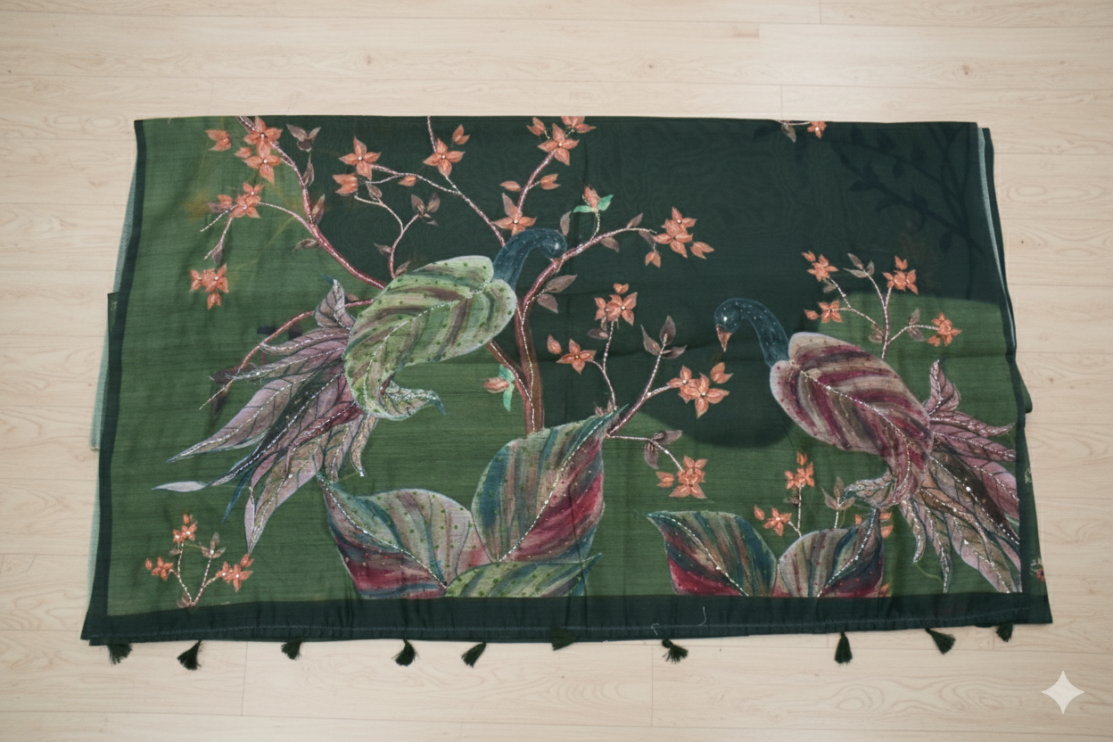 Decorative tablecloth with floral and bird design on a wooden surface