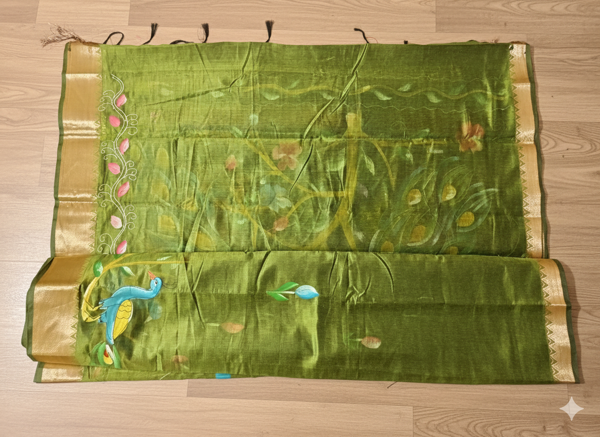 Green saree with floral patterns on a wooden floor