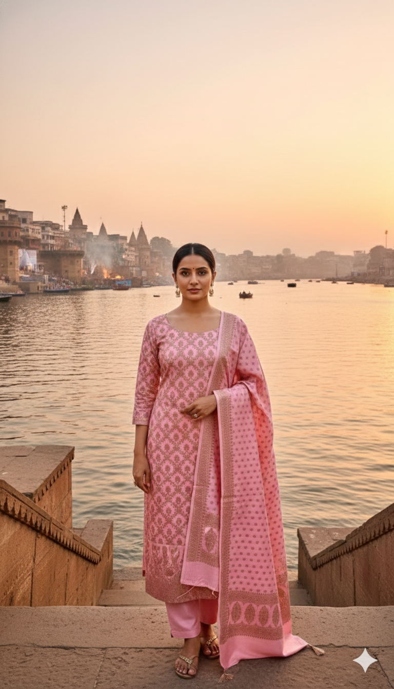 Woman in a pink traditional outfit standing by a river with a cityscape in the background.