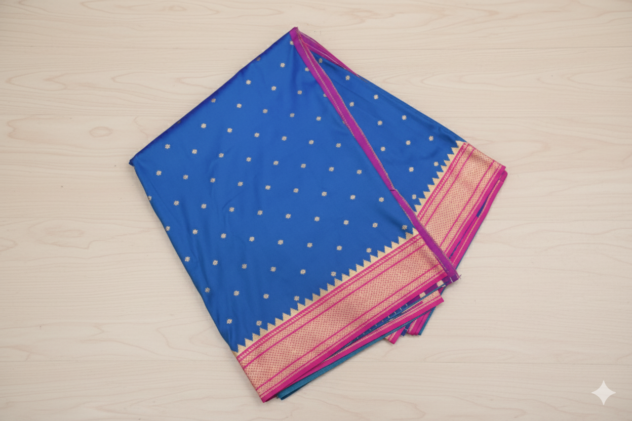 Blue saree with white polka dots and pink border on a beige background